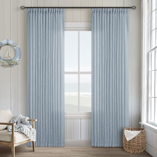 Image of Dusty Blue 80 Inch Pinch Pleated Linen Curtains 2 Panels Set for Living Room Bedroom Boho Farmhouse Light Filtering Semi Sheer Back Tab Pinch Pleat with Hooks Rings Window Curtain 80 Inches Long