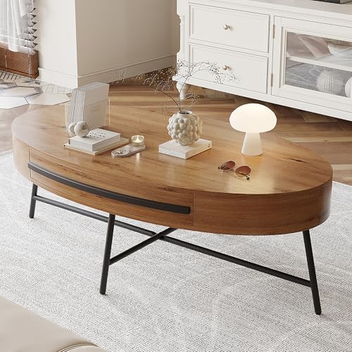 GarveeHome Oval Coffee Table with Drawer Mid-Century Modern Center Table 47.2' Wooden Coffee Table with Storage and Cross Metal Legs Unique Curved Design for Living Room