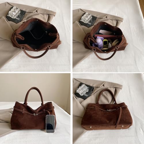 CHENWN Sac fourre-tout en daim marron pour femme - Sac à main souple pour le travail - Sac besace d'automne de grande capacité avec poignée sur le dessus, marron, Taille unique – vue 5