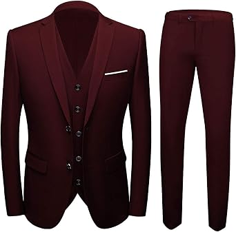 3 Pieces Slim Fit Burgundy Mens Suits Peak Lapel 2 Buttons Wedding Suits