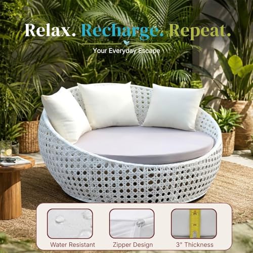 Image of DEVOKO Outdoor Pool Side, Garden, Balcony, Porch, Backyard, Terrace, Patio, Beach Round Sofa Wicker And Rattan Unique Design Daybed Furniture Set (White And Off White), 139 Centimeters, 122 CM, 76 CM