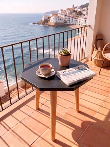 Image of Modern Octagon Side Table with 3 Wooden Legs, Minimalist End Table /Coffee Table for Living Room, Bedside Nightstand for Bedroom, Balcony & Small Spaces