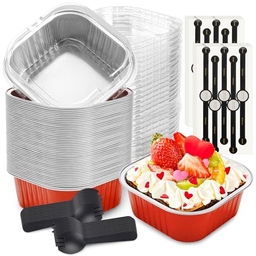60 Pack Mini Cake Pans with Lids Mini Aluminum Pans, Disposable Loaf Pans Cupcake Liners with Lids for Pudding, Souffle, Party, Wedding(Red, 10 oz) Red 10 OZ