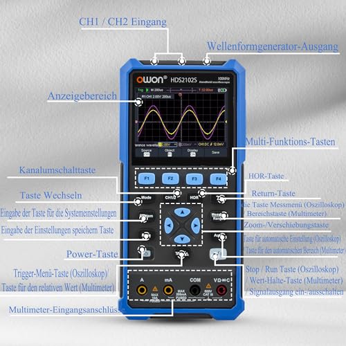 HDS2102S OWON Oszilloskop 3 in 1 Doppelkanäle + 1 CH Signalquelle Handheld Digitales Oszilloskop mit 500 MSa/s Abtastrate + 4 1/2 Digits Multimeter + 25MHz Signalgenerator