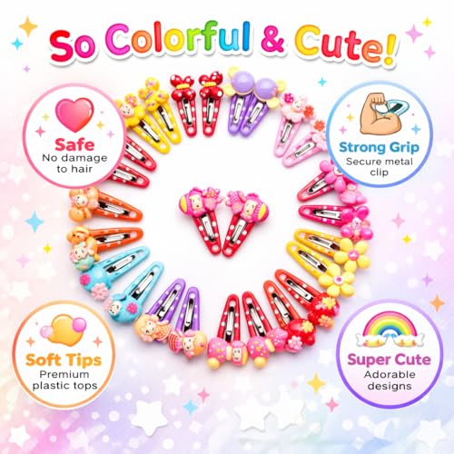 Image of Kids Multi-Design Tic Tac Hair Clips with Storage Box, 20 Pcs | 4 cm small multi-color hair clips for baby girls & toddlers. Features a strong grip. Perfect as a gift set accessory.