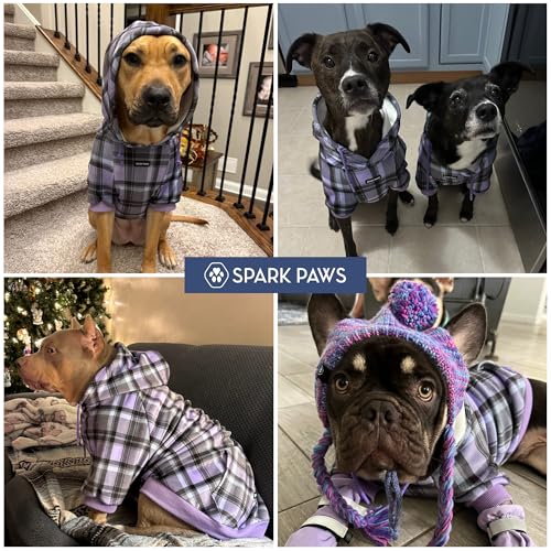 Image of Spark Paws Dog Hoodie - Premium Dog Sweater for Small, Medium, and Large Dogs | Warm Outfits for French Bulldogs, Pitbull, Puppy, Winter Jacket Alternative - Purple Plaid - 2XL