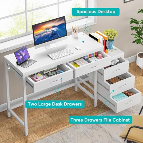 Image of Tribesigns Computer Desk with 5 Drawers, Home Office Desks with Reversible Drawer Cabinet Printer Stand, Industrial PC Desk with Storage, White Study Writing Table Workstation for Small Spaces
