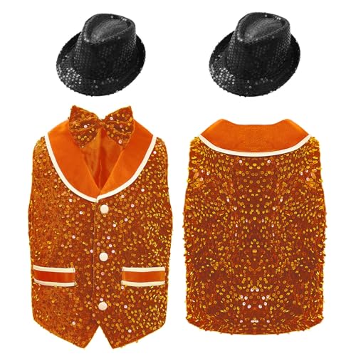 Unisex Kids Competition Sequined Velvet Waistcoat with Irregular Hem Buttons Bowti Hat Set Dance Party Wear3
