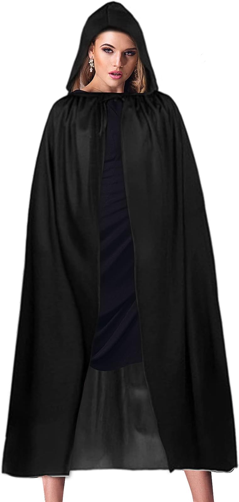 Zngou 1 Pc Black Hooded Cape, 140cm Halloween Hooded Cloak Long Black Robe Cloak Grim Reaper Cape for Men Women Adult Halloween Christmas Witch Vampires Costume Cosplay Party