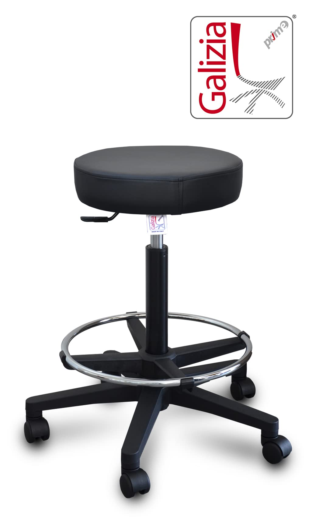 GALIZIA Sgabello da lavoro con poggiapiedi Sgabello girevole per salone estetico Sgabello per ambulatorio medico dentista, con rotelle o piedini, rotazione libera di 360°, 7 cm di imbottitura, (nero)