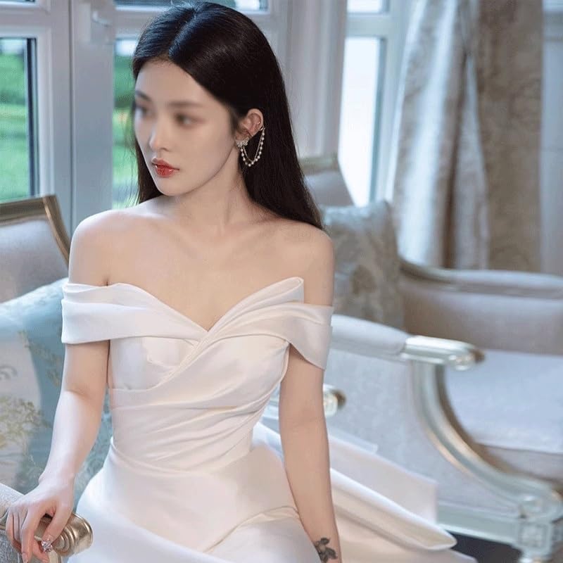 GDDZA ホワイトライトウェディングドレスワンショルダーウェディング発信ドレスウェルカムホストイブニングドレスガール(Size:S