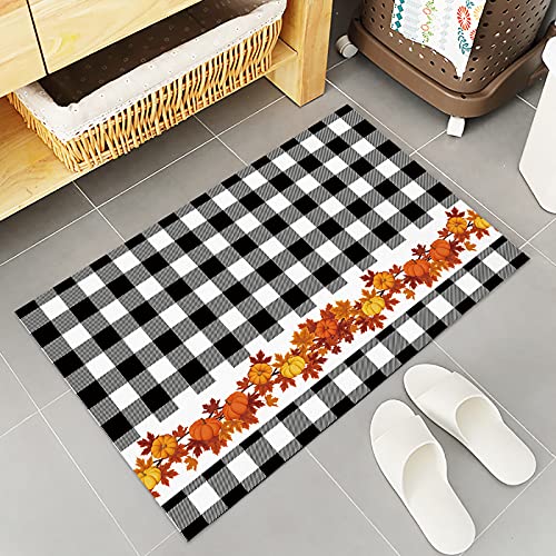 Yokou Thanksgiving Kitchen Rugs, Fall Pumpkin Maple Leaves Black White Buffalo Check Plaid Non Slip Low Profile Runner Rug Mat For Floor, Kitchen, Bedside, Sink, Office, Laundry, Set Of 2 #TOP4