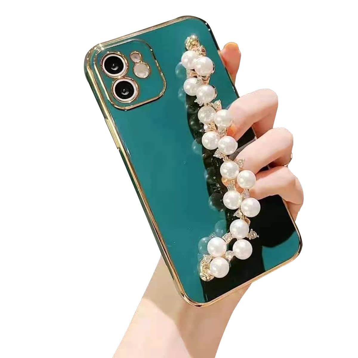 Coque iPhone 16 Plus chic en TPU vert foncé avec chaîne perles et strass élégante