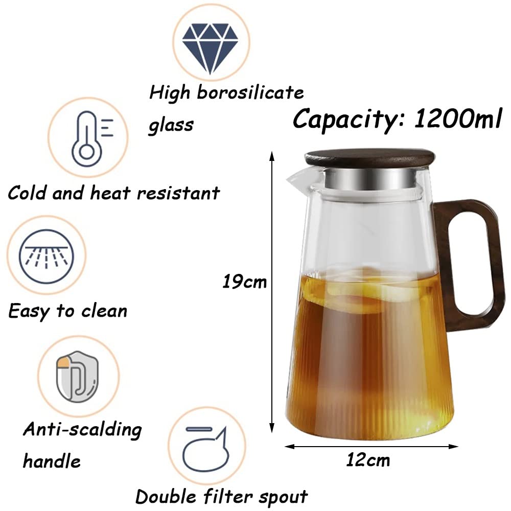 Nff Jarra De Cristal, Jarra De Cristal De 1,2 L con Tapa, con Mango De Madera Jarra De Agua De Cristal Resistente Al Calor Apta For Bebidas, Té Caliente, Café, Leche (Color : A)