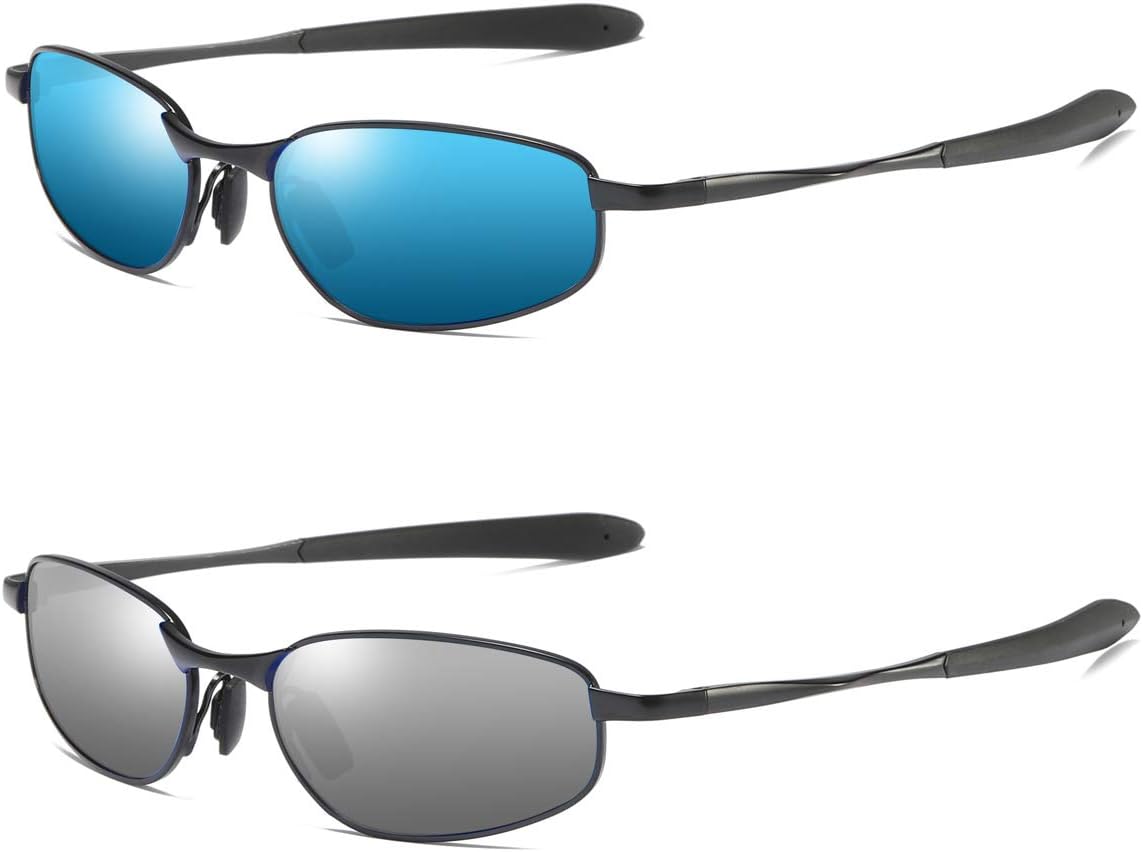 ZHILE Polarized Sunglasses Rectangular Wrap Metal Frame UV400 Protection Blue & Silver Mirrored Lens