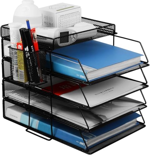 BTtime 書類トレー 4段 a4 レターケース 縦置き 組み立て式 ペン立て付き メッシュ金属製 卓上収納ラック 積み重ね可能 書類整理 おしゃれ 多機能 小物入れ ペン立て オフィス リビング収納用 (ブラック)