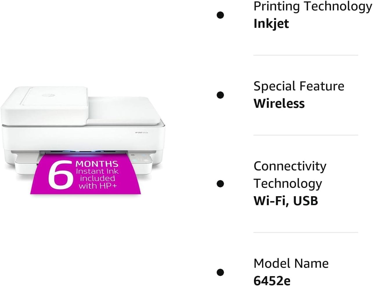 HP Envy 6452e Wireless Inkjet Color All-in-One Printer, Print Copy Scan, 35 Sheet ADF, 2-Side Printing, WiFi USB Connectivity, Instant Ink Ready, Home or Office Inkjet Printers, White (Renewed)