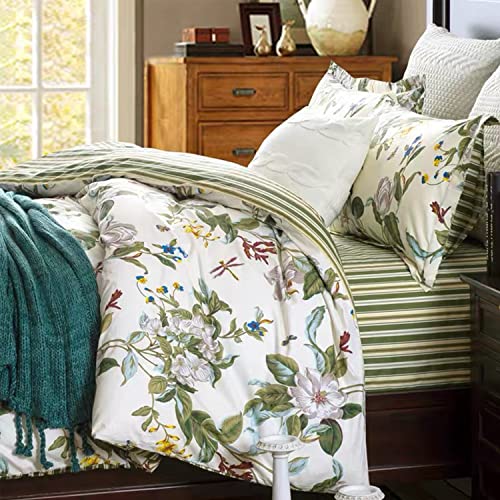Fadfay Shabby Floral Bedding Set Queen Size 7Pcs 100% Cotton Green Cream Flower Bed Sheets With Duvet Cover Set, Complete Bedding Bed In A Bag Vintage Countryside Ultra Soft Deep Pocket Fitted Sheets #TOP5