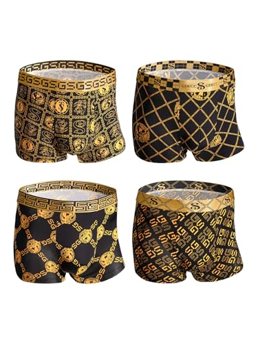 Gift Boxed Men's Underwear Boxer Briefs, Ice Silk Trunks Calzoncillos Underpants, Wicking Breathable Luxury Black Gold2