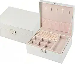 Caixa Porta Jóias Bijouterias em Couro Ecológico com divisórias e chaves (Branco)