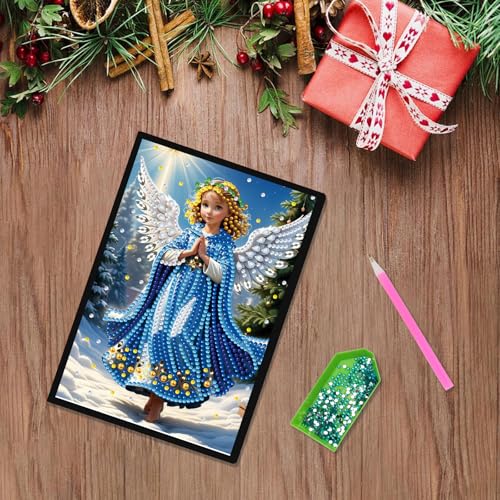 Image of 5D Diamond Painting Notebook Kits Christmas Journal Blue Angel Special Shaped Diamond Kits Leather Cover Dairy Plain Sketchbook Crystal Gems Art Christmas Dairy Book for Office Study Writing 21x14.5CM
