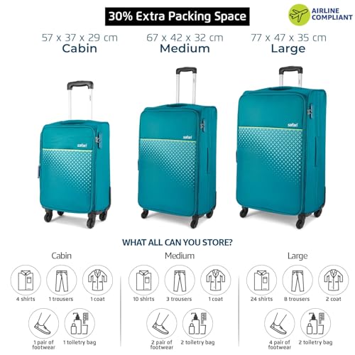 Image of Safari Dynamo Set of 3 (Cabin + Medium + Large) Trolley Bags Polyester Expandable Soft Luggage, 4 Wheels 360 Degree Wheeling, Travel Bag, Suitcase for Travel, Trolley Bags for Travel (Teal)