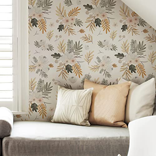 Jiffdiff Boho Wallpaper Peel And Stick Watercolor Autumn Flowers Wallpaper Honey Wheat Watercolor Leaf Wallpaper White Removable Wallpaper Wall Decor Covering 30 Sq.ft #TOP2