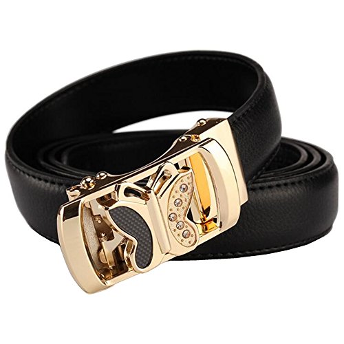 Plus Size Womens Ratchet Leather Belts For Jeans Butterfly Gold Automatic Buckle, Black, Waist:36