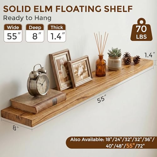 Image of Dreamland 55 Inch Floating Shelves for Wall, Solid Elm Wood Wall Shelves for Living Room, Bedroom, Kitchen, Bathroom, Wall Mounted Long Floating Shelf Set of 1, Natural