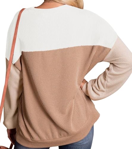 Image of ETOSELL Womens Fashion 2024 Fall Long Sleeve Color Block Crewneck Knitted Ribbed Tops Casual Comfy Loose Blouse Pullover