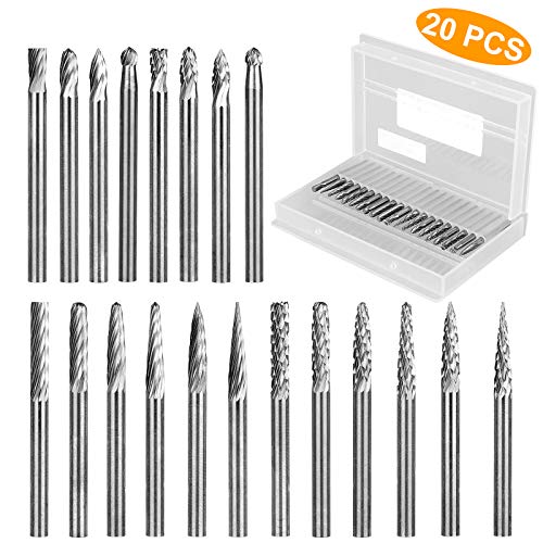 Solid Carbide Burr Set 20PCS, 1/8 Inch Shank Tungsten Files, Fits Most Rotary