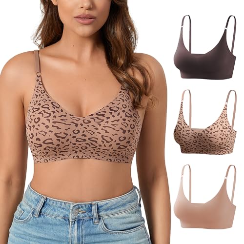 DEANGELMON V Neck Bra Padded Seamless Adjustable Straps Bralettes Everyday Basic Sleeping Bras Multiple Pack Black Brown,coffee Leopard,pink X-Large