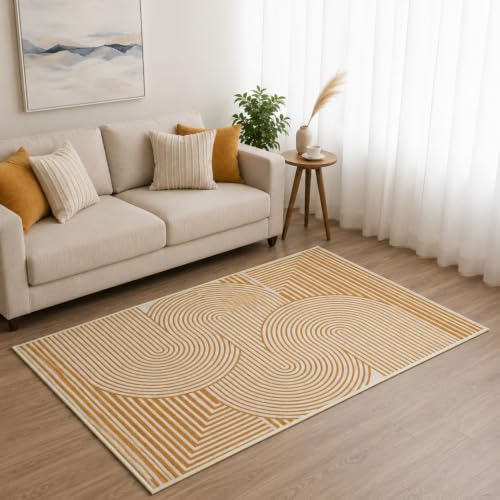 Image of Digital Print Carpet | Microfiber Nylon Digital Print with Anti Skid Carpet | Vintage Style, Carpet for Bedroom, Dining Room, Hall, Entryway, Guest Room | Geomatric Beige 3x5 Feet
