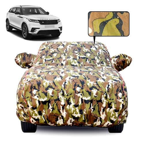 Image of Waterproof Car Body Cover for Range Rover Velar with Mirror Pocket, Soft Cotton Lining, Triple Stitched, Full Bottom Elastic (Heat Resistant Jungle Print with Red Piping)