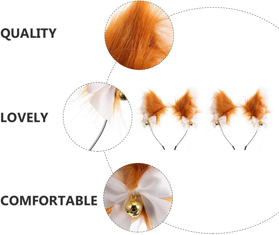 Lurrose 2Pcs Fox Ears Headband with Bell, Fur Cat Ears Hairband Animal Furry Hair Hoop for Kids Adults Halloween Cosplay Party - Image 3