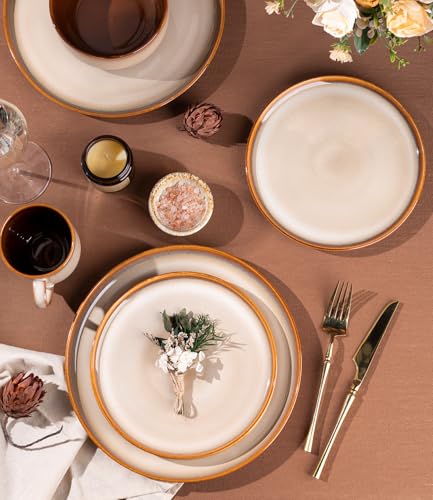 Image of LERATIO Ceramic Dinnerware Sets for 4,16-PieceReactive Glaze Plates and Bowls Set with Mugs,Highly Chip and Crack Resistant | Dishwasher,Microwave & Oven Safe Dishes set-Kahki