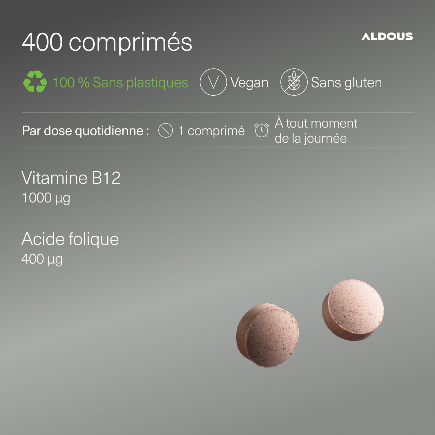 Vitamine B12 Vegan 1000mcg Haute Dose + Acide Folique - Énergie, Immunité, Fatigue, Métabolisme & Système Nerveux - 400 Comprimés B12 Méthylcobalamine Pure & Biodisponible - Vitamine Adulte - ALDOUS
