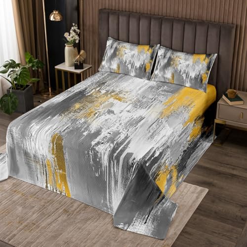 jejeloiu Abstract Art Bedspread for Kids Boys Girls Queen Size Gray Gold Gradient Coverlet Set Modern Quilted Coverlet Lightweight Retro Art Bedspread Cover Room Decor