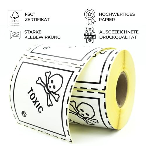 MD Labels 500 Gefahrgutetiketten- Giftige Stoffe Klasse 6 ADR 100x100 mm- ADR-Aufkleber – selbstklebende Transportetiketten