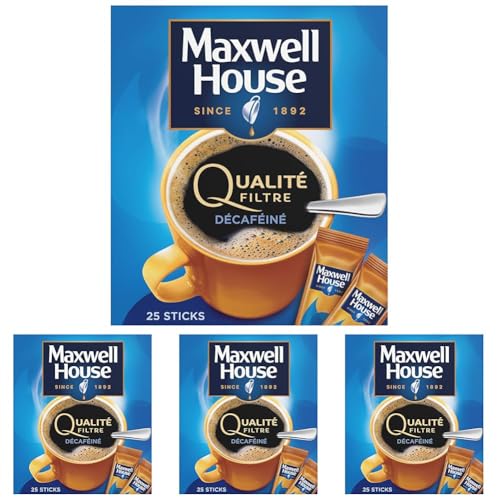 Maxwell House Café Soluble 25 Sticks Décaféiné Qualité Filtre (Lot de 4)