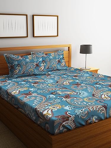 Image of Home Sizzler 144TC Artistic Dreams Teal Blue Double Bedsheet with 2 King Size Pillow Covers