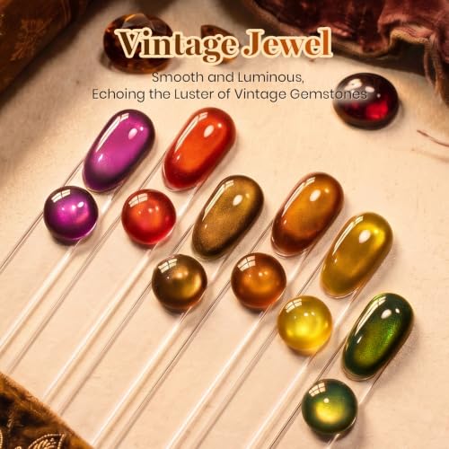 Image of Beetles Fall Cat Eye Gel Polish Set, Vintage Jewel 6 Colors Gel Polish Kit | Glitter Gel Purple Red Brown Orange Gold Green Magnetic Glass Cat Eye Luminous Gemstone Effect Soak Off UV Manicure for Women