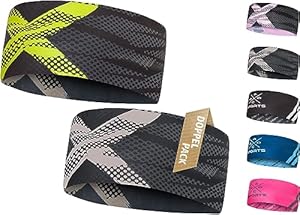 2er Set atmungsaktives Sport Stirnband Damen & Herren - schnelltrocknendes Kopfband zum Wenden - elastisches Haarband, Schweißband Stirn (neon, grau)