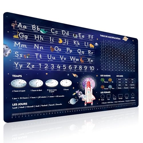 Éducatif Sous-main pour Enfant 40x60cm - Français - Thème Espace Univers - ABC avec Animaux - 1X1 - Formes - Heures - Tapis de Bureau Imperméable - Cuir PU Double...