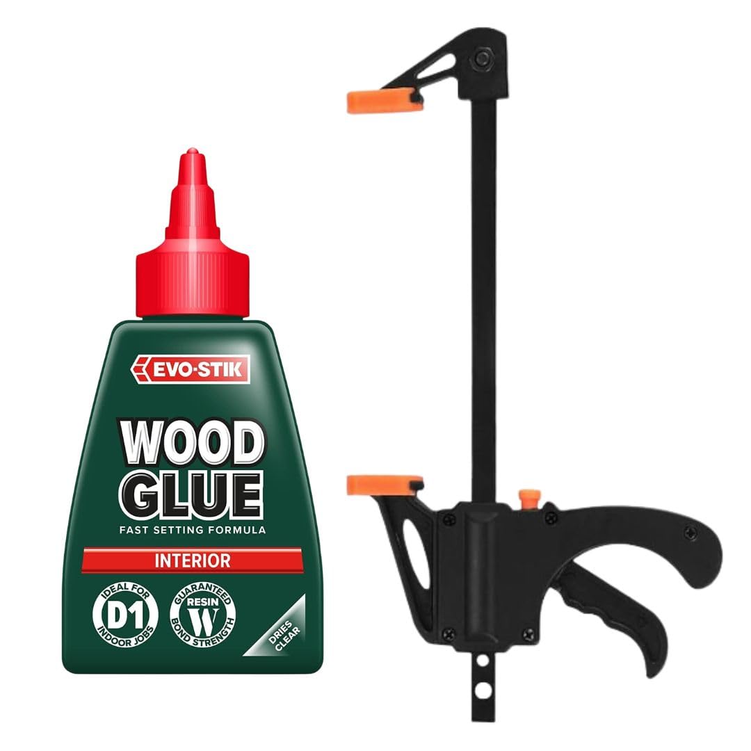 EVO-STIK Clear Wood Glue 125ml & Quick Grip F Clamp Bundle Extra Strong Fast Setting Interior Adhesive with One Handed Ratchet Bar Clamp By Brandy's Complete Woodworking Kit for DIY, Craft & Furniture