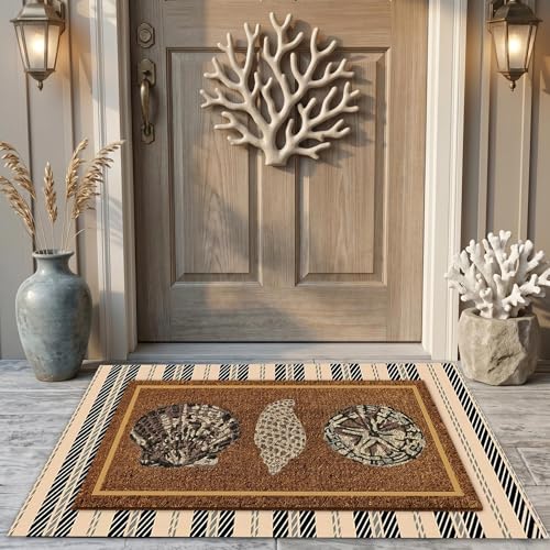 Drydiet 2 Pcs Summer Seashell Layered Doormat Set Coastal Beach Outdoor Front Door Mat with Striped Rug House Porch Decor Non Slip Entryway Door Mat for Patio Farmhouse Decor