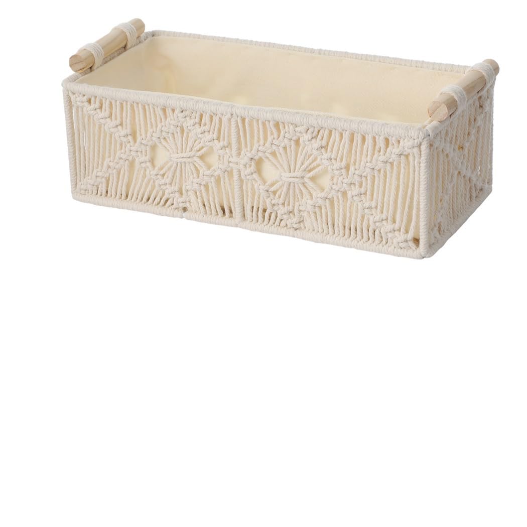 Cestas de almacenamiento bohemias de color marfil, 2 cajas tejidas de macramé con asas de madera, perfectas para baño, dormitorio, cocina y oficina