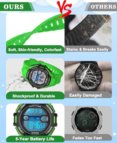 Image of Kids Digital Watch for Boys Girls,2 Interchangeable Silicone Straps, 50M Waterproof & Shockproof Sports Watch with 7-Color LED Backlight, Alarm, Stopwatch, Calendar (Ages 5-18) (Black with Green)