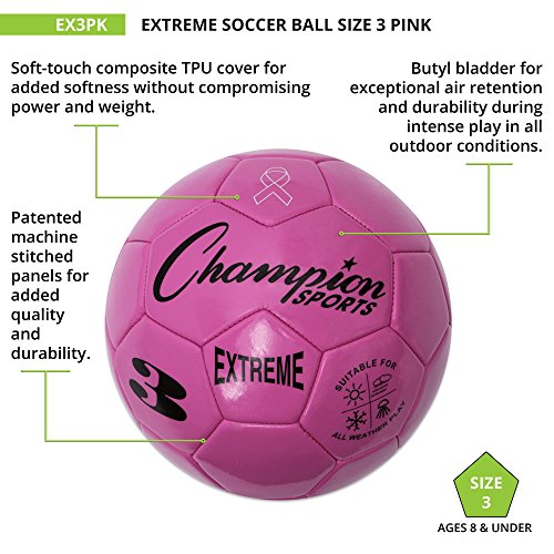 Champion Sports Extreme Series Soccer Ball, Size 3 - Youth League, All Weather, Soft Touch, Maximum Air Retention - Kick Balls For Kids Under 8 - Competitive And Recreational Futbol Games, Pink #TOP3
