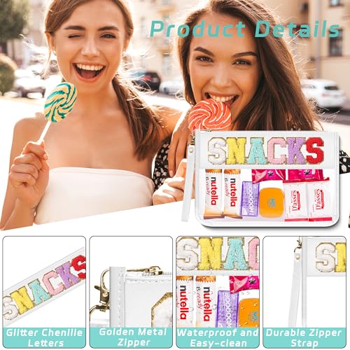 Clear Zipper Pouch PVC Waterproof Nylon Makeup Letter Bag for Women Girls Chenille Letter, for Travel, Cosmetic Bag, Snack Bags, Clear Stuff Bags, For Travel,（White-Snacks）3